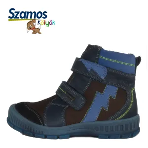 Szamos kid boy boots brown with blue lightning decor toddler/big kid size