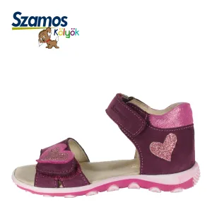 Szamos kid girl sandals in burgundy color and heart pattern double velcro strap little kid size