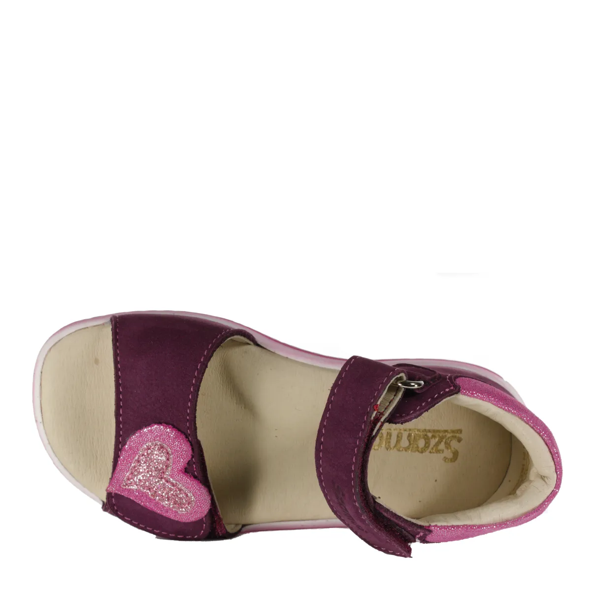 Szamos kid girl sandals in burgundy color and heart pattern double velcro strap little kid size