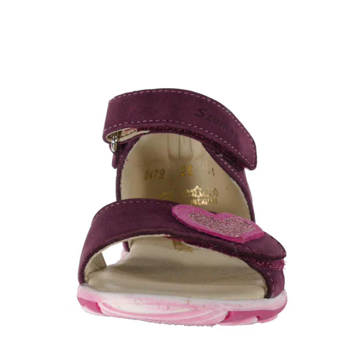 Szamos kid girl sandals in burgundy color and heart pattern double velcro strap little kid size